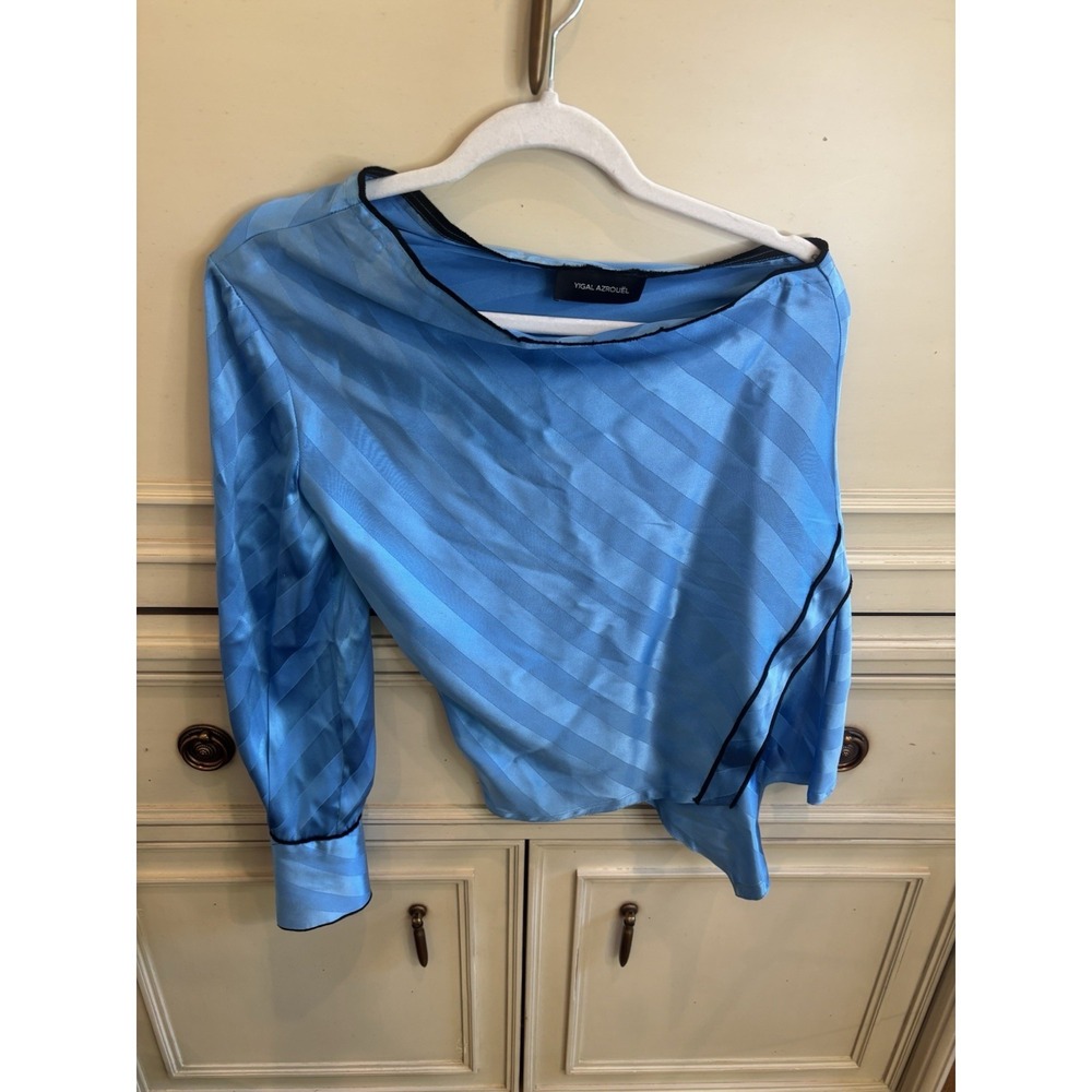 Yigal Azrouel Blue Striped Silk Off The Shoulder Asymmetric Draped Blouse Size 2